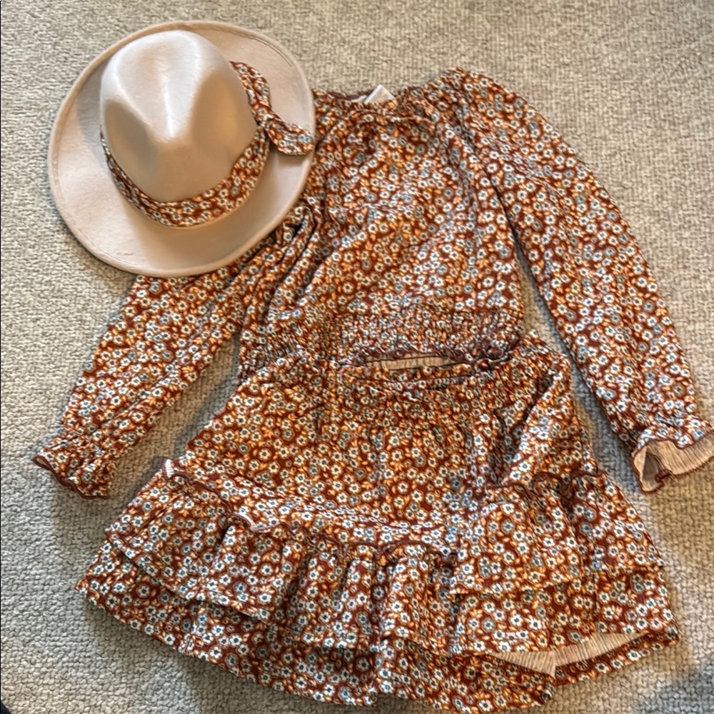 Floral Brown Kids Dress with Hat